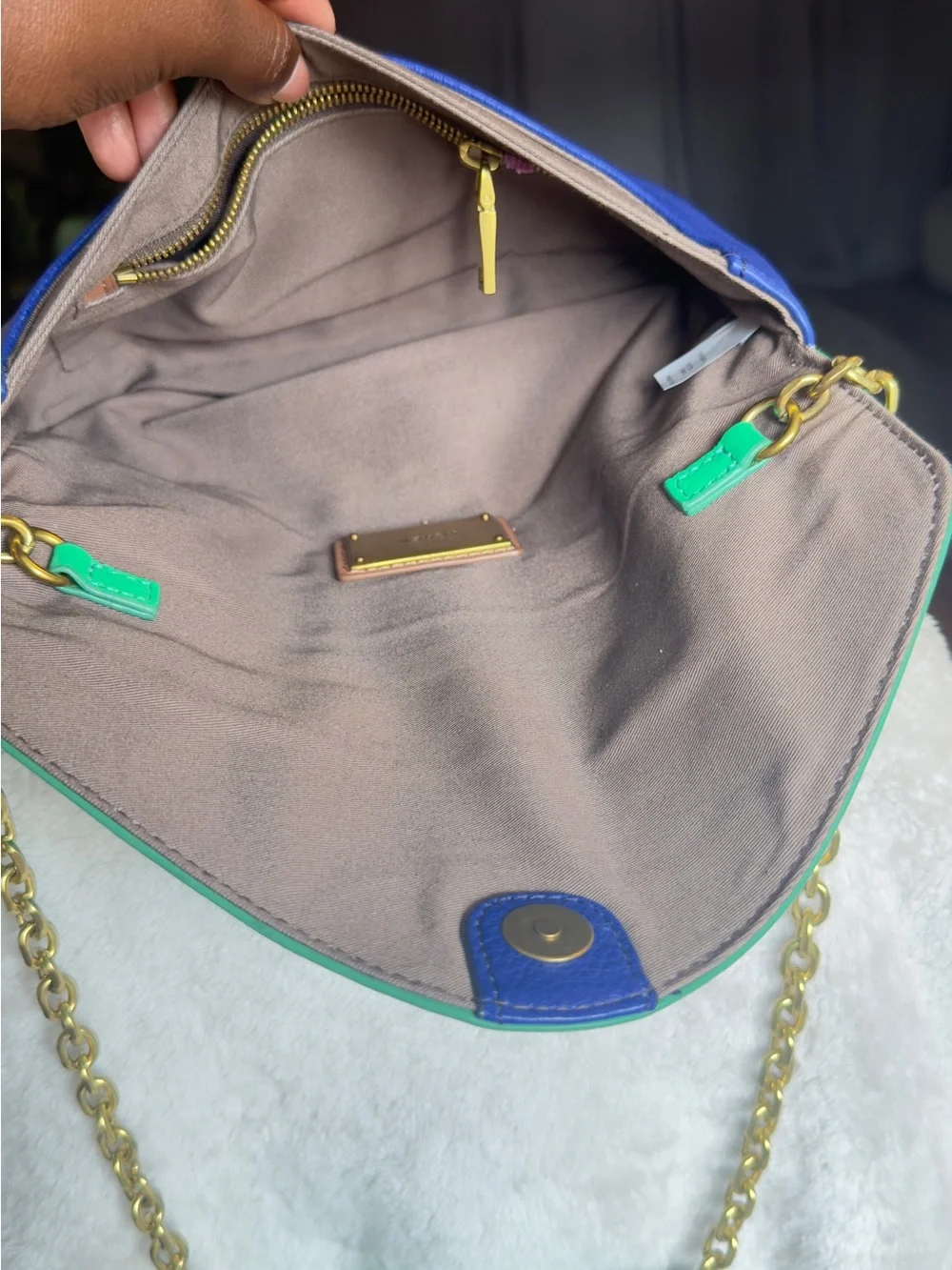J.Crew Invitation Pebbled Leather Colorblock Envelope Clutch Chain Bag Blue Gree